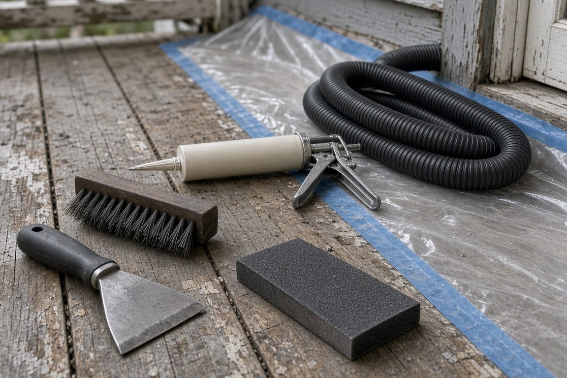 Illustration of scraping and lead-safe prep tools on a porch
