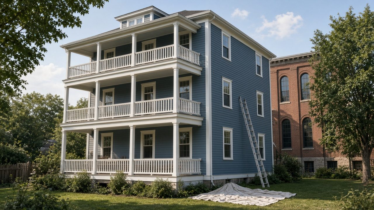 Illustration of a triple-decker with stacked porches