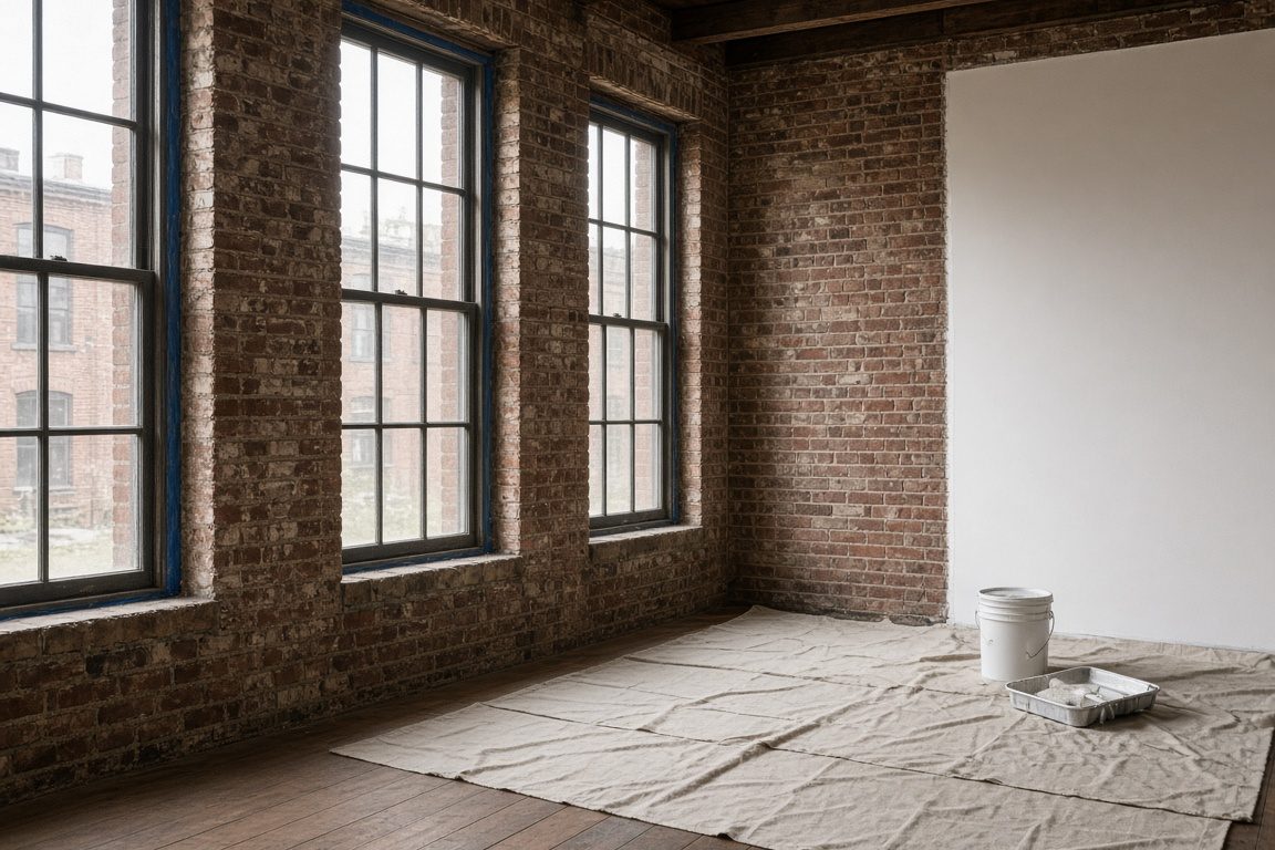 Illustration of an empty mill-building room with exposed brick mid-paint